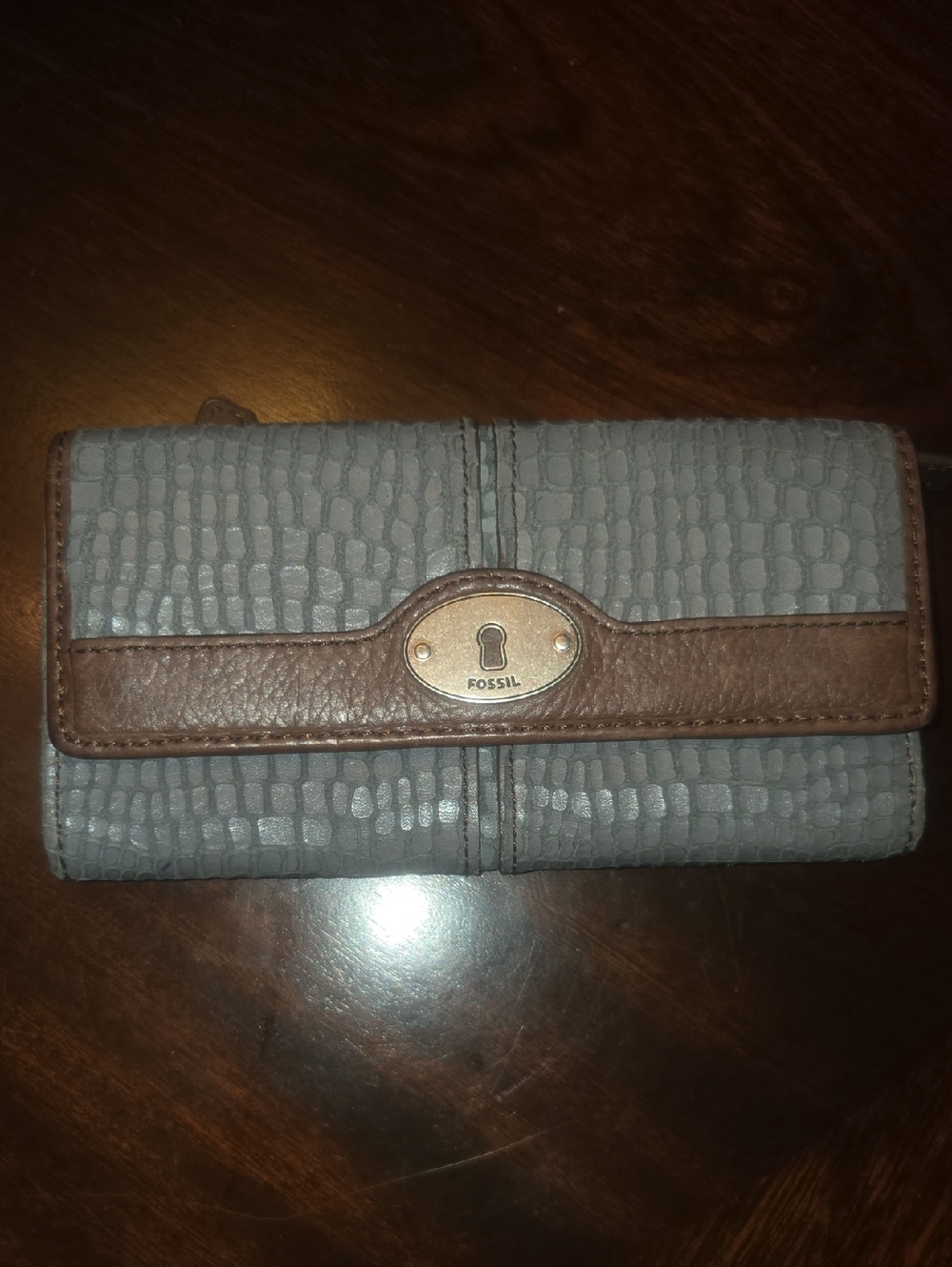 Fossil Gray Wallet with Brown Trim and Keyhole Plaque